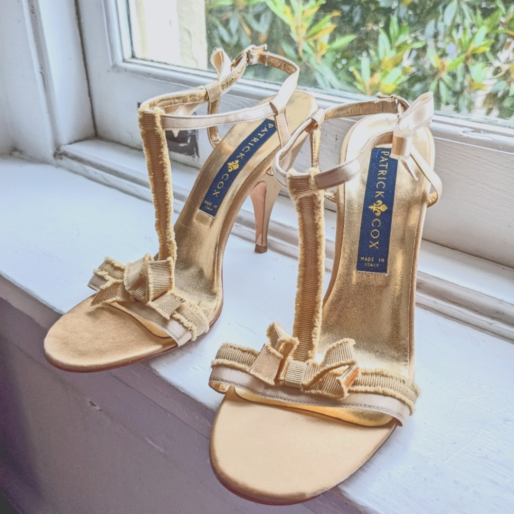 Brushed gold and champagne t-strap sandals